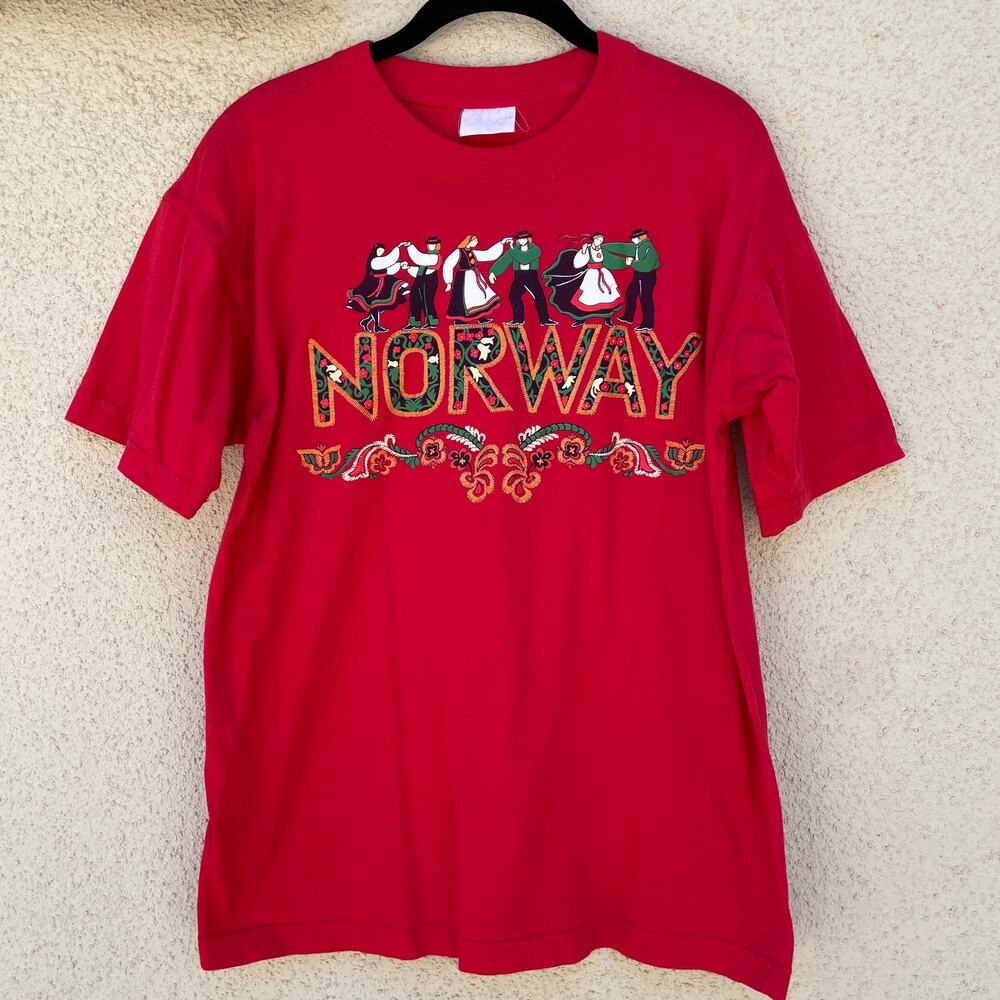 Vintage Norway Red Tourist T-Shirt Mens Size Small
